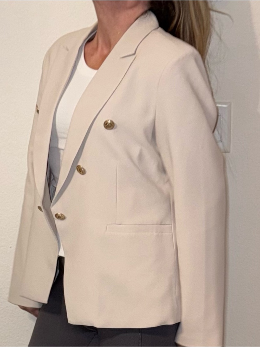 Tailored Cream Double-Breasted Blazer with Gold Buttons